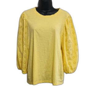 St. Johns Bay Shirt Sze Large Yellow Puffy Cut Out Floral Sleeves Casual Bright